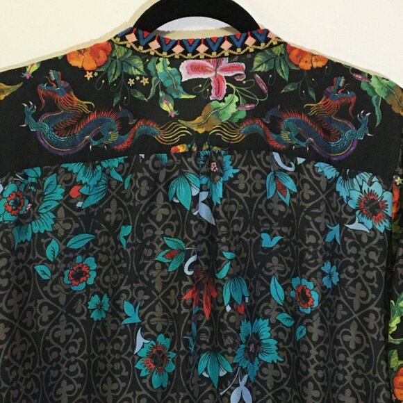Johnny Was Kennedy Silk Embroidered Tunic Top Blouse Dragons Floral Artsy (IB) - Picture 15 of 16